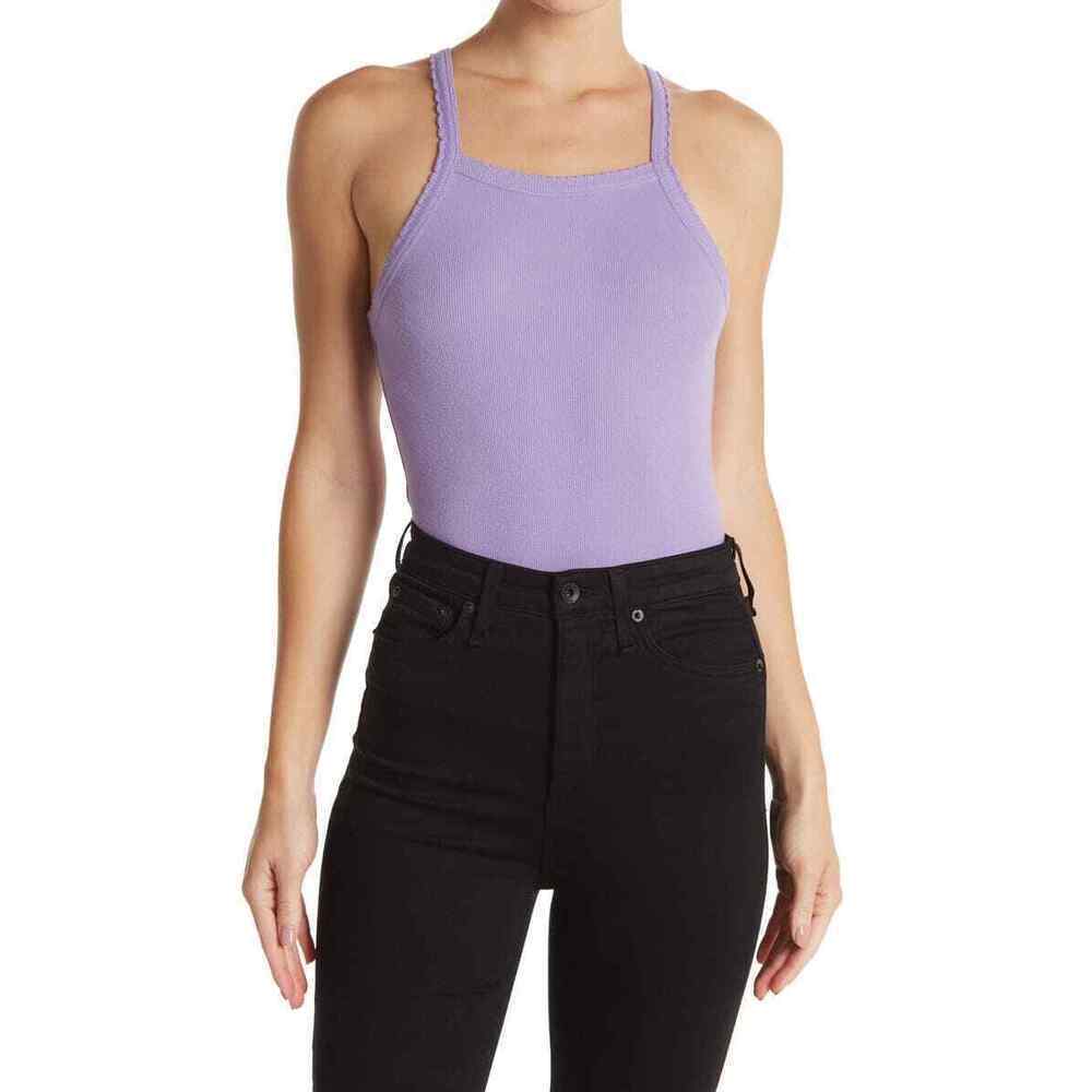 BP. Picot Trim Cotton Blend Rib Bodysuit In Purple Paisley Plus Size 2X